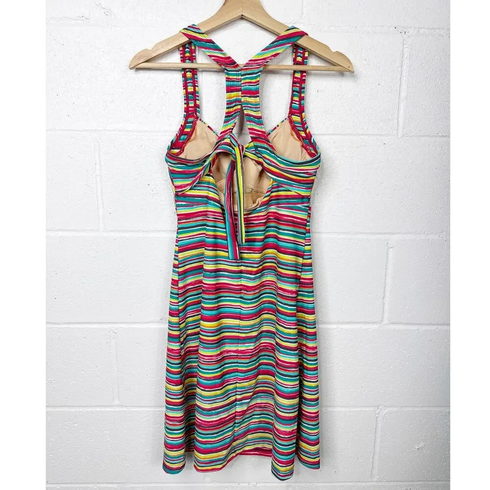 Athleta Salina‎ Swim Dress Womens Small Multicolor Stripe Racerback Swimdress